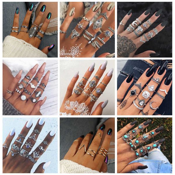 

ring docona bohemia geometric new fashion vintage gold silver color finger rings sets for women ladies jewelry drop shipping, Golden;silver