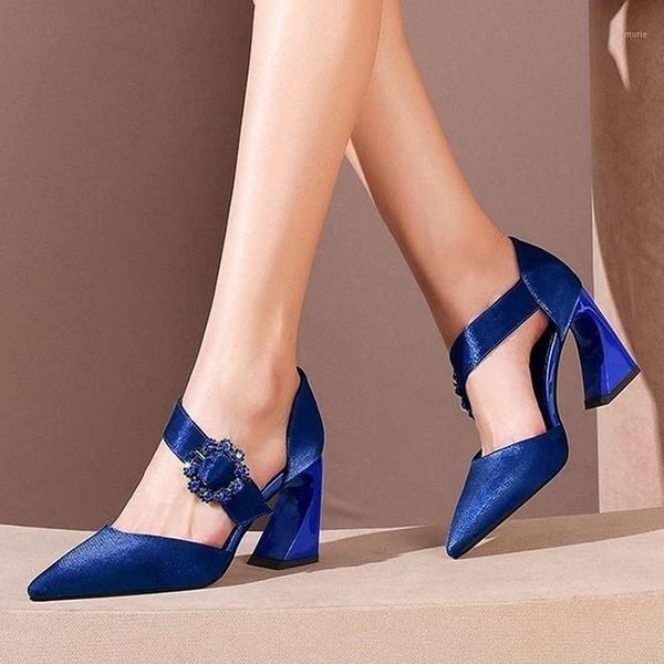 

dress shoes women blue silk pumps fashion pointed toe crystal buckle banquet woman wedding party high heel1, Black