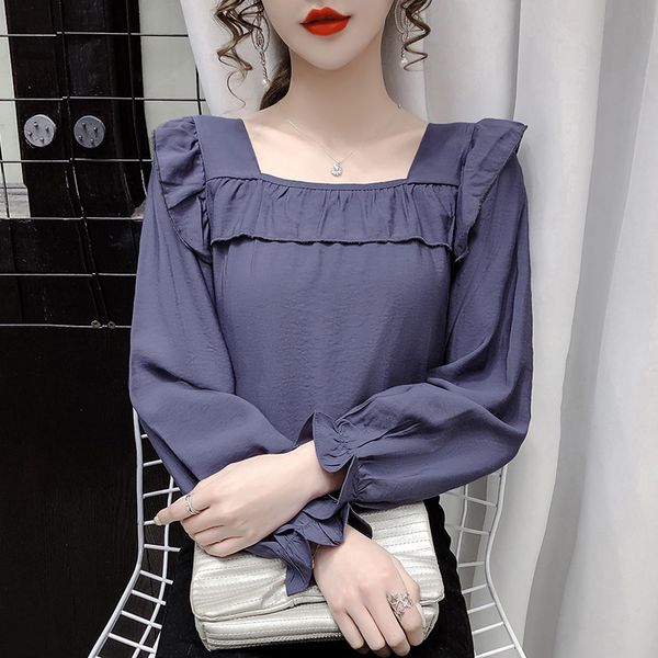 

female fashion blouse 2021 spring new french temperament square neck princess design shirt chiffon 3dxl, Black;gray