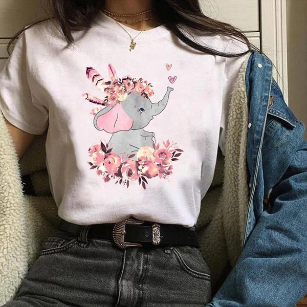 

print clothing graphic cartoon womens t shirt elephant short sleeve cute clothes tees female, White