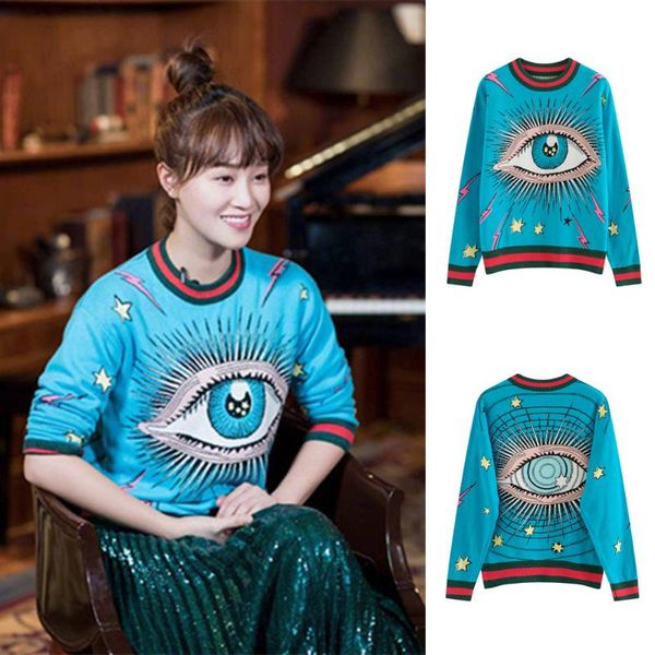 

autumn winter new long sleeve women's knitted with eyes pattern embroidery round neck loose blue, White;black