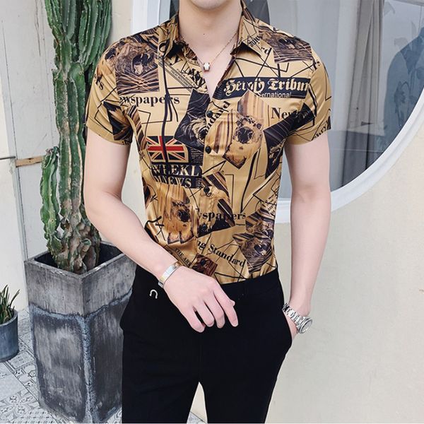 

men's casual shirts luxury gold black summer short sleeve fashion designer party club prom stylish slim for men g27e, White;black