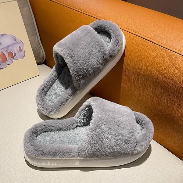 

slippers 2021 fluffy fur furry thick platform home shoes women winter warm plush slides non-slip flip flops outdoor indoor, Black
