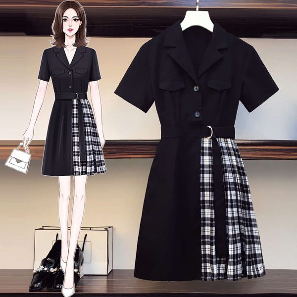 

large size women's wear fat mm 2021 summer new suit dress french belly covering age reducing slim waist pleated skirt, Black;gray