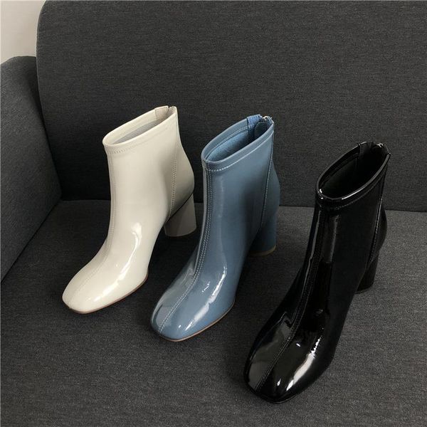 

boots woman 2021 genuine leather thin high heel patent leather light heel short woman boots, Black