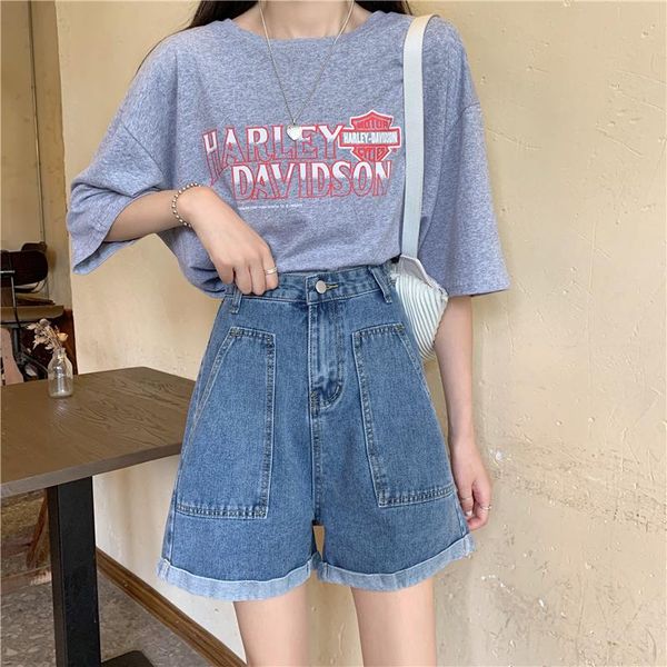 

women's shorts womens summer denim big pockets solid button a-line cuffs retro vintage loose all-match high waist wide leg chic, White;black