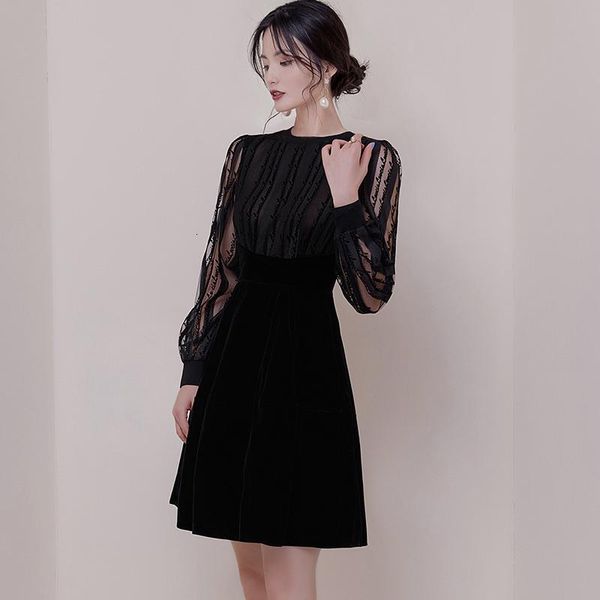 

casual dresses 2021 fall women black mini velvet dress long sleeve o-neck vintage party club korean elegant ladies fashion clothes, Black;gray