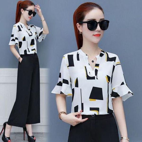

women's tracksuits women chiffon pant suits casual formal elegant office lady work blouse wide leg pants two piece set outfits femme s, Gray