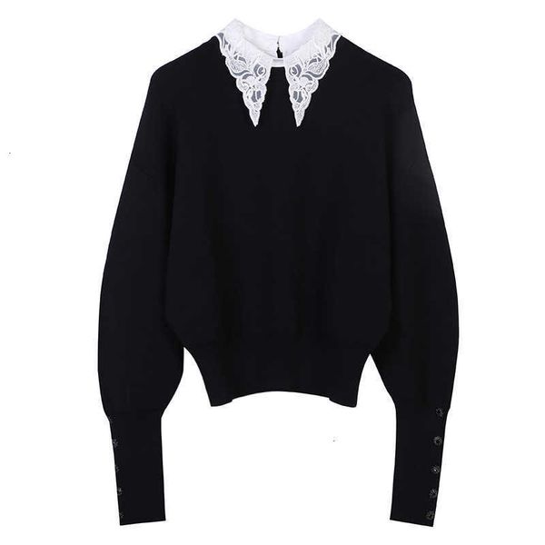 

women's sweaters brand design cute sweet women pullover long-sleeved lapel lace clothing black white knitted button fashion sweater yaj, White;black