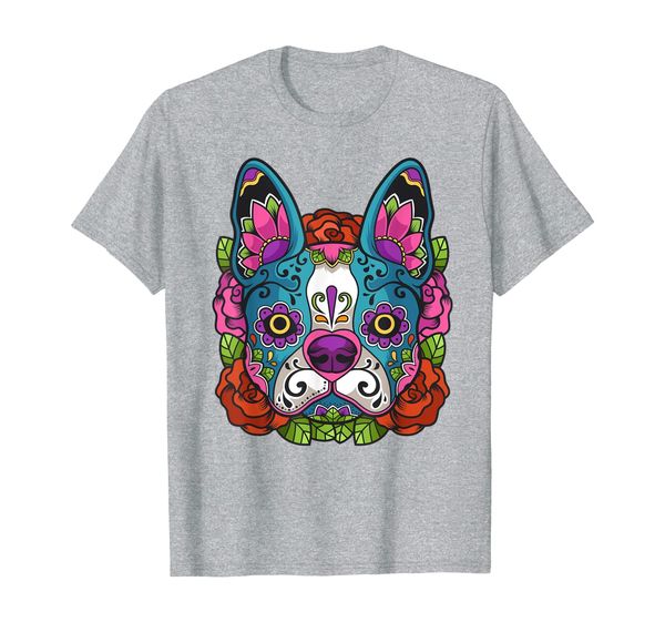 

boston terrier sugar skull dog calavera dia de los muertos t-shirt, White;black
