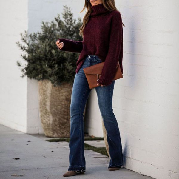 

women high waist jeans vintage stretch slim flare wide leg jean female streetwear casual denim pants, Blue