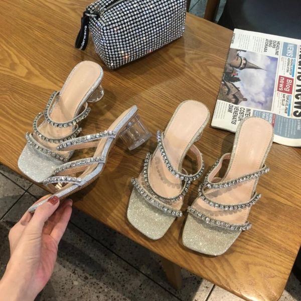 

slippers women summer shoes slides fashion pantofle low transparent heel jelly flip flops luxury 2021 glitter pu crystal basic r, Black