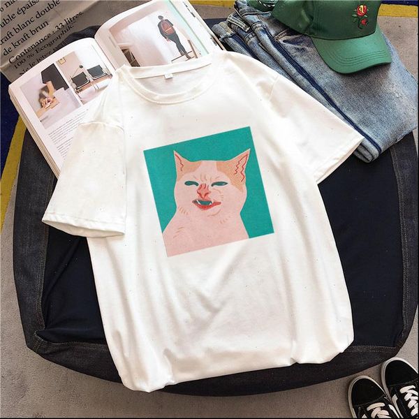 

female cartoon cat tees short sleeve casual print ulzzang clothes kawaii harajuku vintage women o neck t shirt, White