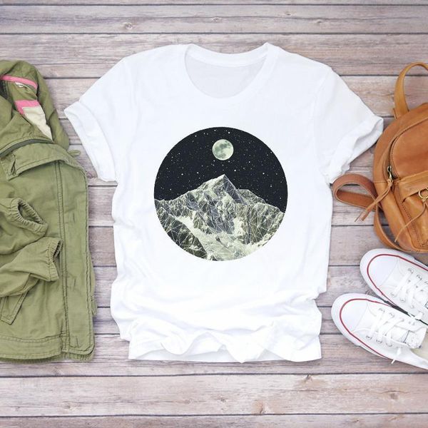

women moon mountain cartoon print short sleeve clothing summer shirt t-shirts t graphic female ladies womens tee t-shirt, White
