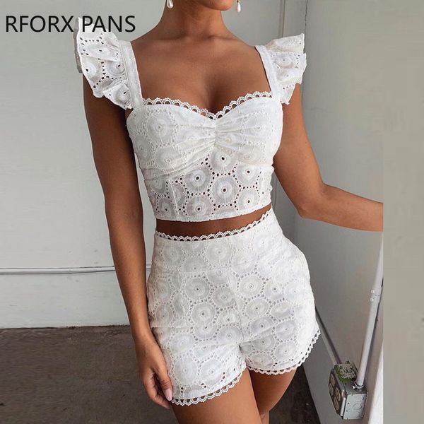 

women's t shirts lace ruffles hollow out & short sets european and american, White