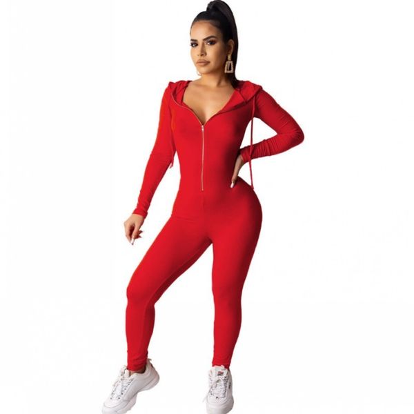 

new casual solid female with zipper hoodies full bodycon jumpsuit 2021 bodysuit fashion 2mtw, Gray