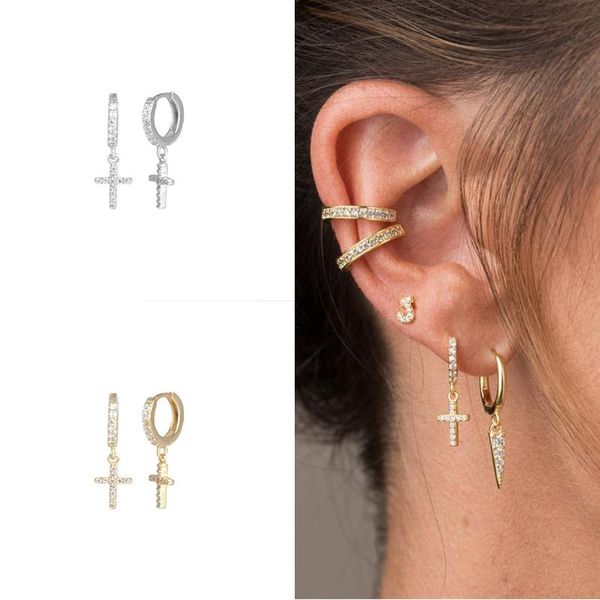 

hoop & huggie pendientes plata 925 geometric cross inlaid diamond sterling silver earrings for women hoops 2021 trend vintage, Golden;silver