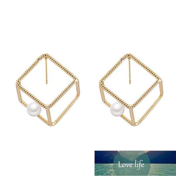 

925 sterling silver hollow cube pearl stud earrings for women gold geometric ear wedding earrings party jewelry s-e1335, Golden;silver