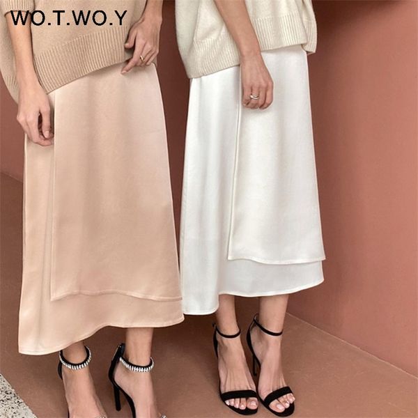 

wotwoy casual high-waist silk skirt women elegant side zipper solid skirts women mid-calf length a-line white skirt female 210311, Black