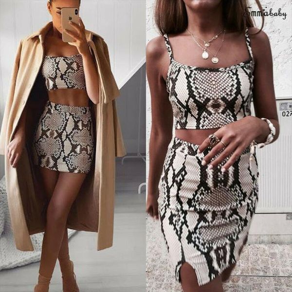 

fashion snake print two womens tracksuits piece set streetwear summer sleeveless bandage crop skirt club 2, Gray