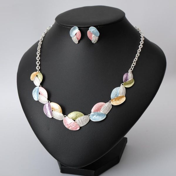 

earrings & necklace fashion enamel leaves statement necklaces stud sets silver plated bohemia style wedding costume jewelry gifts for women
