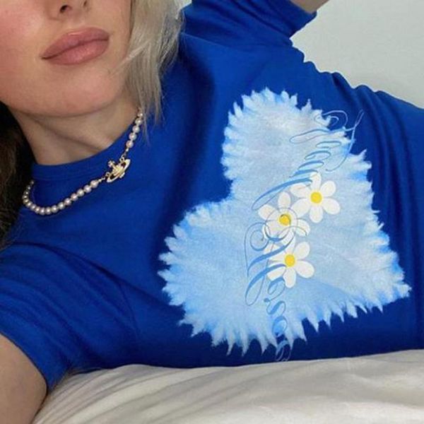 

women's t-shirt women spring 2021 streetwear t shirt y2k summer clothes female heart print graphic tee short sleeve blue pullovers drop, White