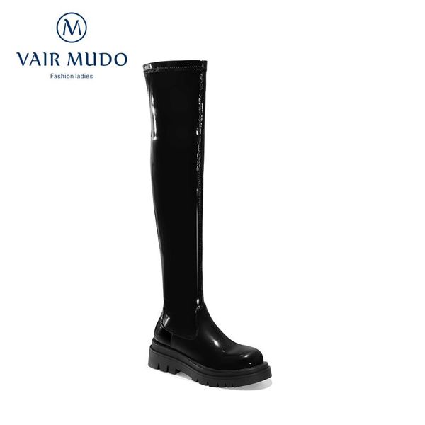 

boots vair mudo women over-the-knee shoes patent leather thick bottom concise solid black short plush zt108l