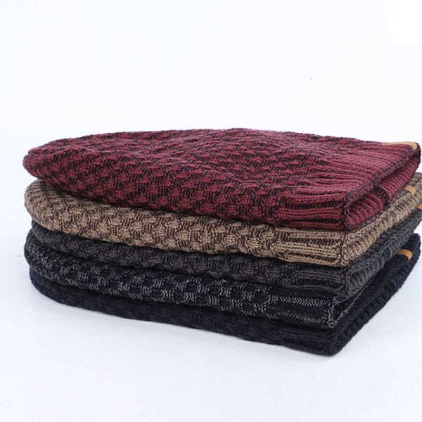 

new fashion classic mens winter warm knit beanie thick lining plus velvet casual hat dad hat fleece soft cap bonnet male bone