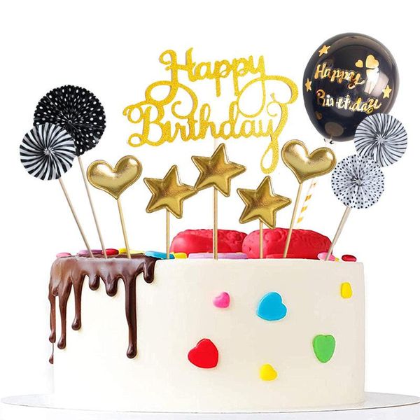 Altre forniture per feste per eventi 16 pezzi Decorazioni per torte Coriandoli Palloncini Ventagli Stelle Cuori Toppers buon compleanno per dessert Cupcake Decor