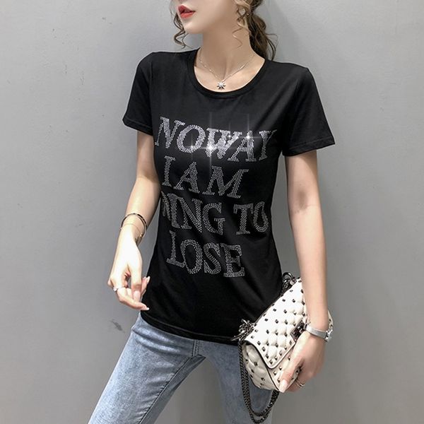 

2021 summer korean style t-shirt fashion shiny dimoands letter women short sleeve ropa mujer casual cotton tees new t08210l pk2o, White