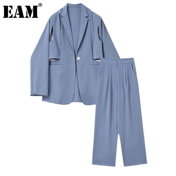 

women's two piece pants [eam] wide leg hollow out suit lapel long sleeve black loose fit women fashion spring autumn 2021 1dd5459, White