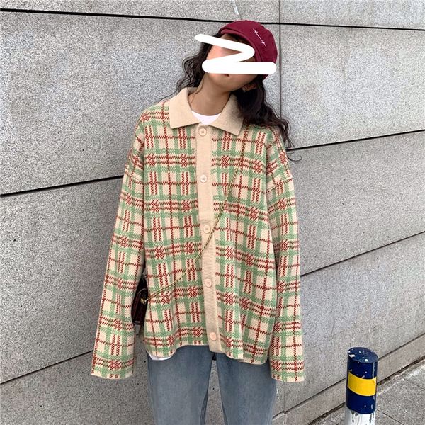 

2021 new autumn loose retro plaid polo collar knitted sweater cardigan long sleeve jacket women cyve, White;black