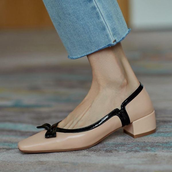 

dress shoes bow design soft genuine leather high heels comfortable fashion leisure women kitten girls walking medium heel, Black