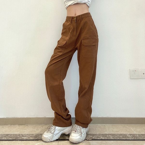 

pants trousers flip pocket straight women's 2021 brown drape high waist jeans casual, Black;white