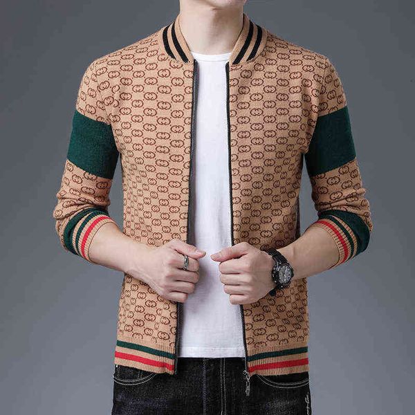 

men's jackets men's cardigan 2021 autumn winter stand collar slim knit jacquard et zipper casual coat fashion, Black;brown