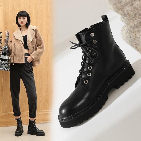 

boots 2021 leather women shoes thick sole lace up autumn winter short ankle for motorcycle 33-43, Black