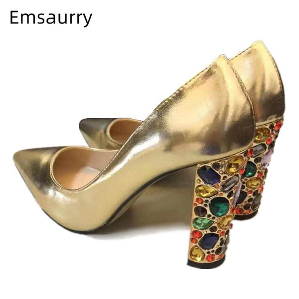 

dress shoes colorful rhinestone chunky heel pumps women pointed toe gold genuine leather shallow 2021 wedding woman, Black