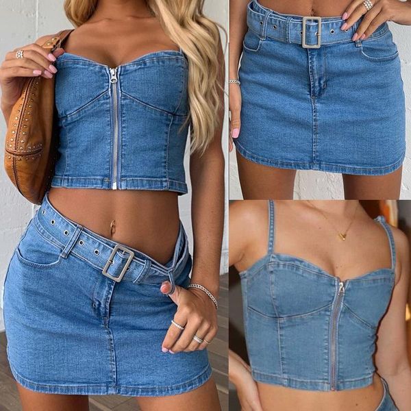 

women's tracksuits zipper wrapped chest bare navel denim camisole skirt, Gray
