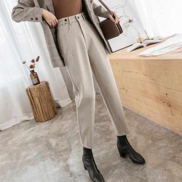 

women's pants & capris 2021 winter autumn high waist loose harem casual solid woolen female warm ankle-length trousers y981, Black;white
