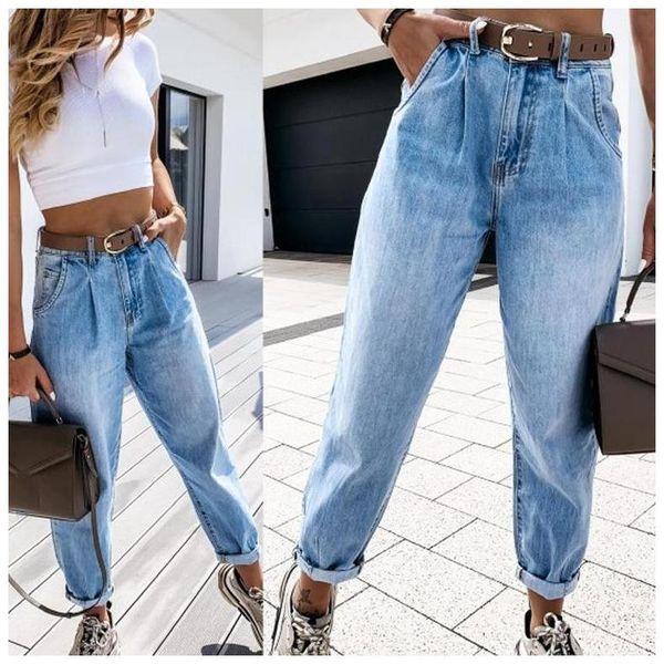 

women's jeans jean woman mom pants boyfriend for women with high waist leisure trousers ladies denim, Blue