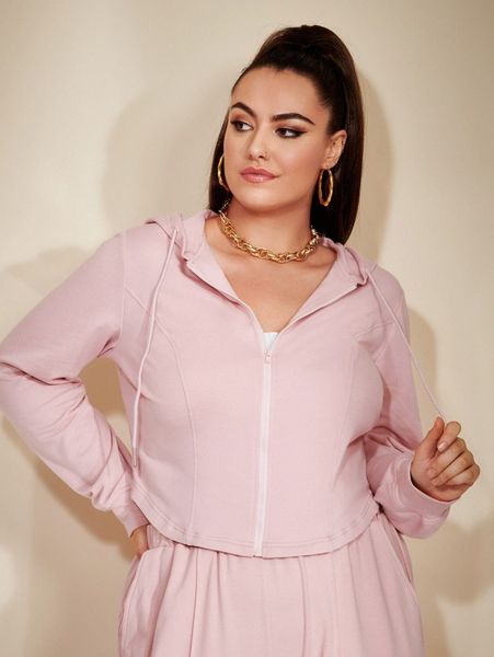 

plus zip up drawstring crop hoodie p8t4#, Black