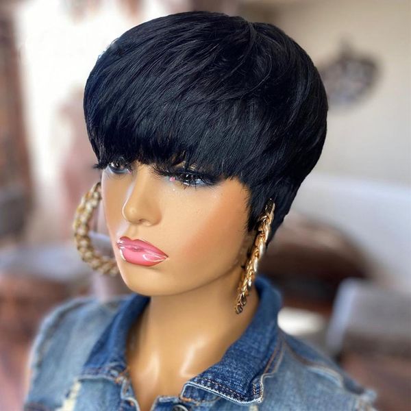 Parrucca di capelli lisci corti neri naturali Parrucche peruviane di capelli umani con frangia per le donne Parrucca tagliata a pixie di colore biondo ombre 99J
