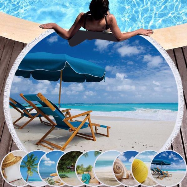 

towel summer beach scenery printed 150cm large microfiber round bath with tassels terry serviette de plage