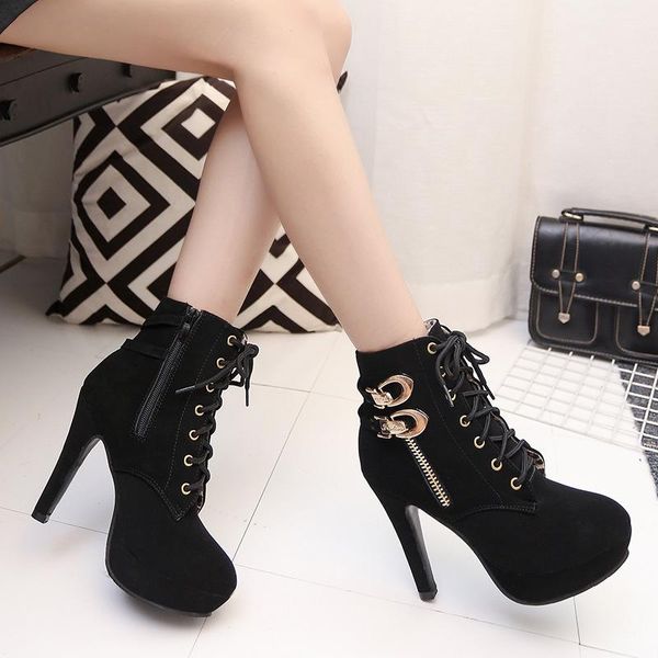 

boots lace up waterproof platform stiletto ankle super high heel women shoes with belt buckle size 43 nude, Black