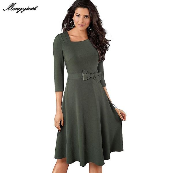 

casual dresses 2021 spring autumn vintage solid color with bow a-line formal party flared swing women elegant office lady work dress, Black;gray