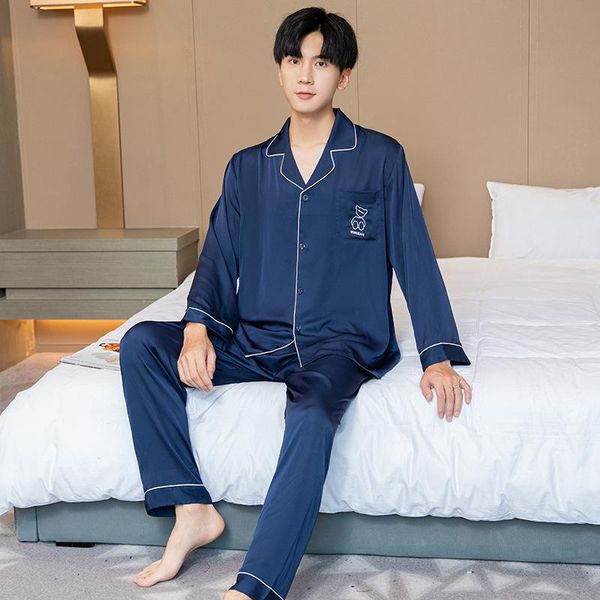 

men's sleepwear men summer full sleeve pyjamas suits 2pcs cardigan ice silk pajamas male intimate nightwear solid casual homewear, Black;brown