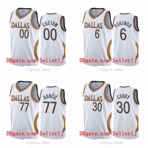 

men 30 curry 6 porzingis luka doncic dallas mavericks white edition gold silver logo 2020-21 jersey, Black;red