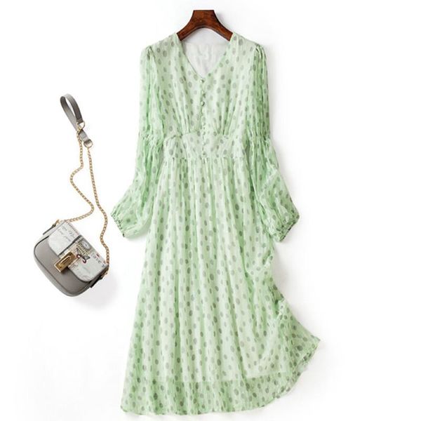 

casual dresses autumn long midi dress elegant dot print light green sleeve chiffon slim office lady formal spring, Black;gray