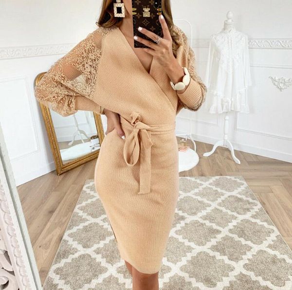

casual dresses women solid lace long sleeve backless deep v high waist bandage party bodycon dress autumn midi, Black;gray