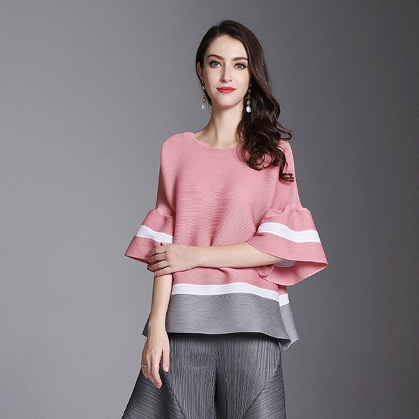 

women's blouses & shirts high fashion women's pleated flared sleeve shirt spliced color matching temperament t-shirt plus size omi, White